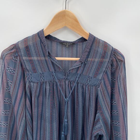 Lucky Brand Navy Print Long Sleeve Lightweight Peasant Blouse // S - Picture 2 of 6